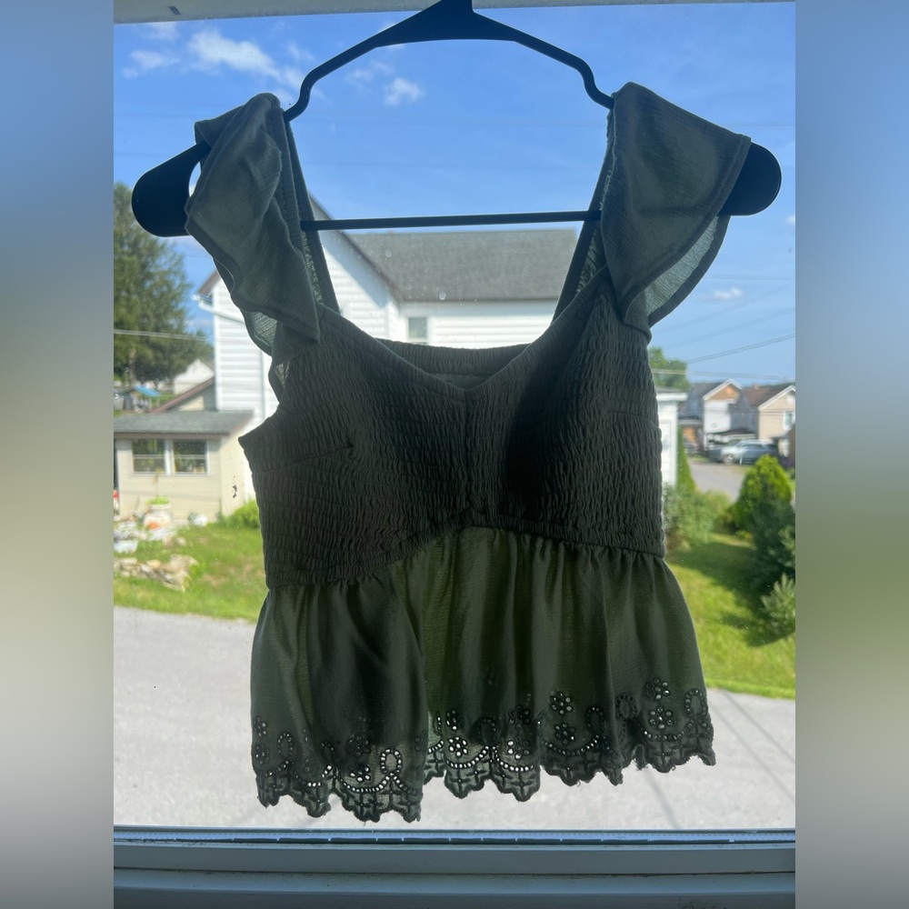 Hollister light/olive green Ruffled Smocked Blouse